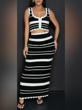 Endless Mecon 2 Piece Crochet Set Black White Stripe Crop Top & Maxi Skirt S